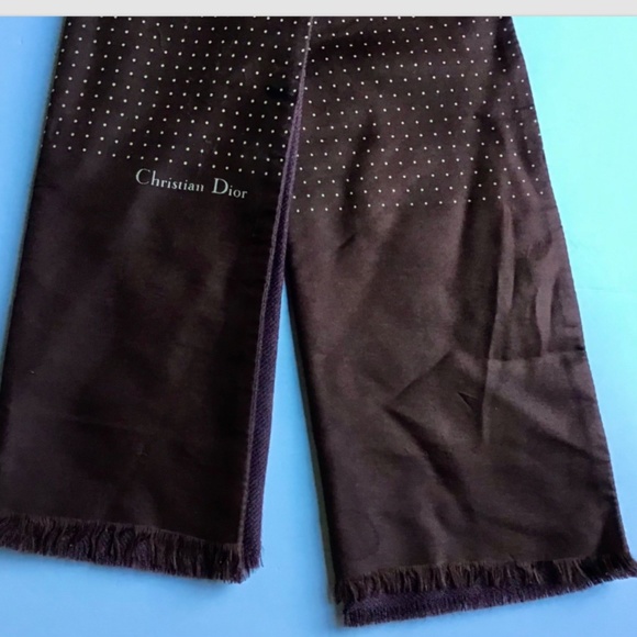 Christian Dior Reversible silk & wool unisex scarf, brown with mini dots pattern - Picture 6 of 9